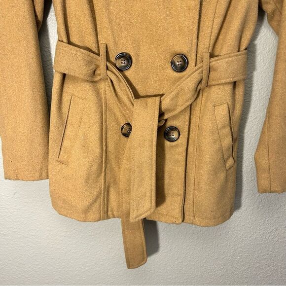 Me Jane Camel Pea Coat Wool Blend Size Medium With Belt - Picture 3 of 11